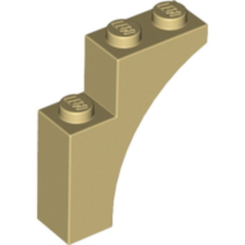 A tan LEGO Arch 1x3x3 brick, featuring a stepped top with studs and a curved support structure.