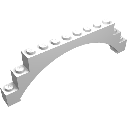 White LEGO Arch 1 x 12 x 3 Raised with 12 studs on top, featuring stepped ends and a smooth curve underneath.