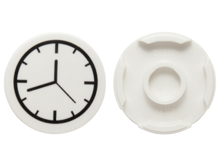 Front and back of a white LEGO round 2x2 tile with bottom stud holder and a black clock face pattern showing approx. 9:15.
