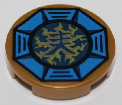 Gold LEGO round 2x2 tile with blue octagon, dark blue center, and yellow Airjitzu lightning symbol.