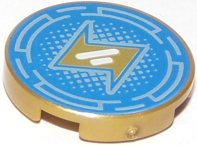 Round gold LEGO tile, 2x2, with blue top print: a gold lightning bolt, white stripes, and light blue broken circles and dots.