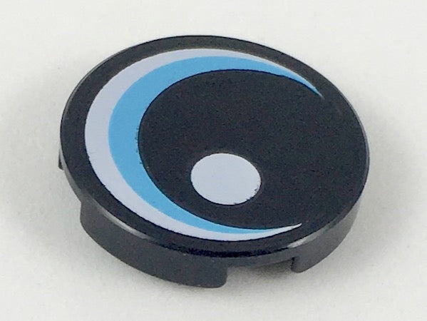Black LEGO round 2x2 tile with a stylized large eye pattern, featuring a medium azure iris, white glint, and grey details.