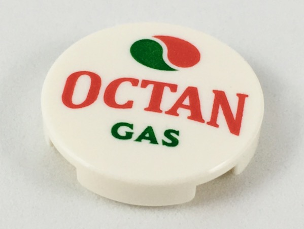 A white round LEGO 2x2 tile with the green and red Octan logo and 'OCTAN GAS' in red and green text.