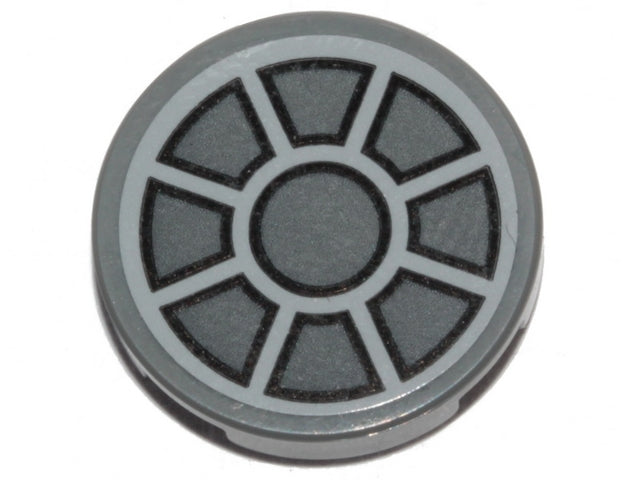 LEGO 14769pb293 Tile, Round 2x2, dark bluish gray with black SW fan pattern on light bluish gray background.
