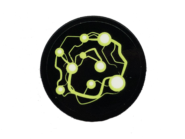Black round LEGO 2x2 tile with bottom stud holder, featuring a bright lime green energy pattern with white glowing circles, from set 70418.