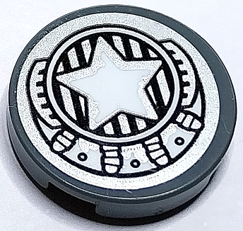 Dark grey round 2x2 LEGO tile with a silver engine design, black grille, and a white star in a central circle.