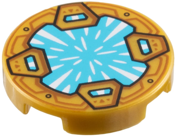 LEGO 14769pb722 - Ronde tegel 2 x 2 met onderste studhouder met Medium Azure kristal met witte uitstralende reflecties, klemmen met donkeroranje vormenpatroon