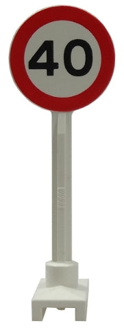 LEGO 14pb04 round road sign with a red border and white center, displaying the number 40, mounted on a white hexagonal post and base.