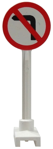 LEGO 14pb10 round road sign, white with red border. Features a black L-shaped arrow crossed by a red line, signifying no left turn.