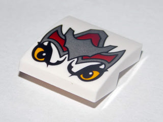 White curved LEGO slope brick with a dark red and silver armor pattern and bright light orange wolf eyes.