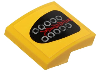 Yellow LEGO curved slope piece, 2x2x2/3, with a black pattern of 10 silver circles and red wires.