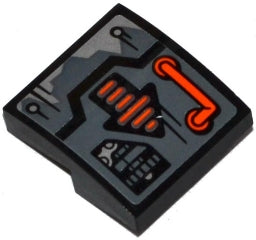 Dark gray LEGO curved slope 2x2x2/3 with an orange handle, orange arrow, and futuristic control panel pattern.