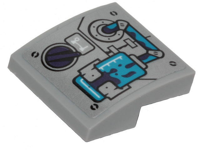 Light gray LEGO curved 2x2 slope with mechanical print: medium azure pipe, dark purple fluid, and switch on silver background.