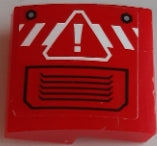 Red LEGO curved slope with white danger stripes, a triangular danger sign, and a black vent pattern.