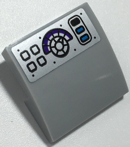 Grey LEGO curved slope 2x2x2/3 with silver sticker: black, dark azure buttons, purple dial, and rivets. Set 70424.