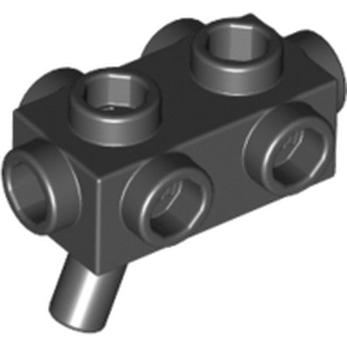 Dark grey LEGO minifigure weapon, 1x2x2/3 blaster brick with 2 studs on top, 4 on sides, and an angled handle.