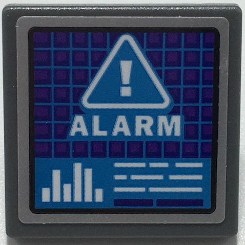LEGO 15210pb106 - Road Sign 2 x 2 Square with Open O Clip with Dark Purple Screen with Dark Azure Grid, White Warning Triangle, 'ALARM', and Bar Graph Pattern (Sticker) - Set 70424