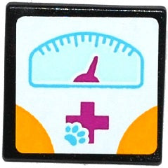 LEGO 2x2 black square tile with sticker: light blue weight scale, red needle, magenta cross, and light blue paw print on white.