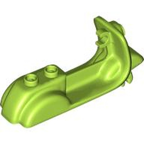 Lime green LEGO scooter body part 15396, with two studs on top of the front section and a curved tail.