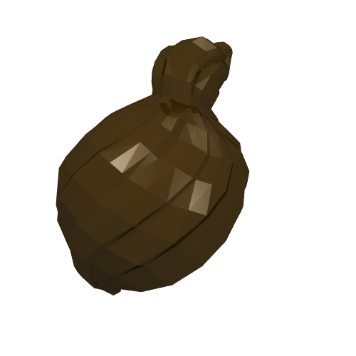 Dark brown, low-polygon 3D model of an irregularly shaped, lumpy object, possibly a tied sack, on a white background.