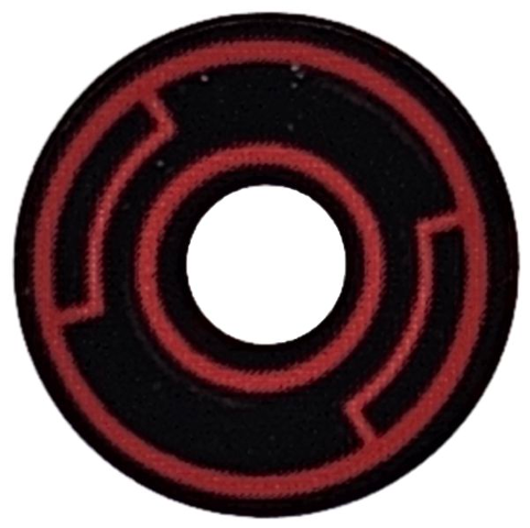 LEGO 15535pb17 round 2x2 tile with hole, featuring red concentric circles with insets pattern on black.
