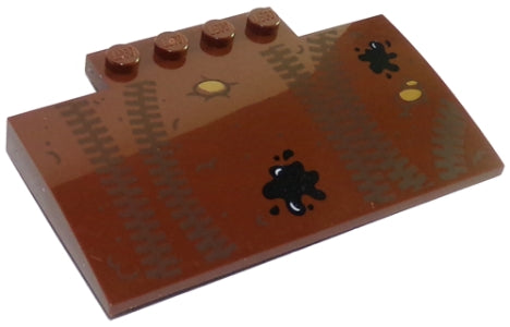 Brown LEGO Curved Slope 5x8x2/3 with 4 Studs, featuring tire tracks and oil splotches pattern.