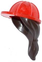 LEGO 16178pb01 minifigure headgear: red construction helmet with molded dark brown ponytail hair.