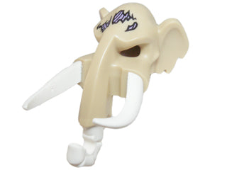 A tan LEGO mammoth headgear mask with white rubber tusks and trunk. It has medium lavender sinew patches on the forehead.