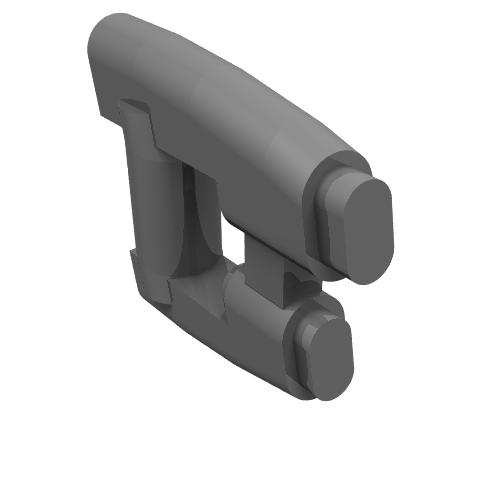 Gray LEGO 17010 Minifigure Space Blaster weapon, with a handle and two front barrels, isolated on white background.