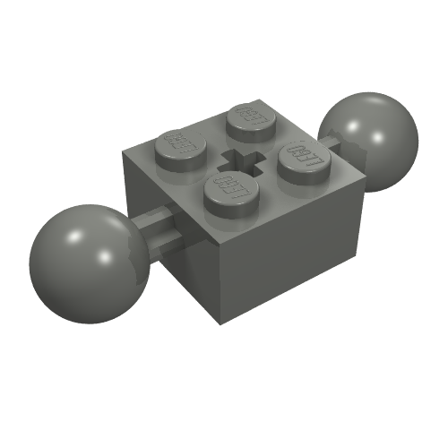 Dark gray LEGO Technic 2x2 brick with 4 studs, a center axle hole, and two ball joints extending from opposite sides.