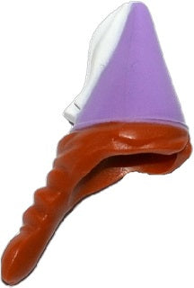 LEGO minifigure hair combo 17348pb01, orange braided hair with a medium lavender cone hat and white ribbon pattern.