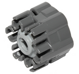Angled view of a dark gray LEGO rapid shooter six-barrel projectile launcher part with a light bluish-gray trigger.