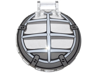 LEGO 18675pb10 Dish 6x6 Inverted with Bar Handle, featuring a grey and white Ninjago Mech Cockpit Pattern.
