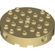 Tan LEGO round 6x6 brick with studs on top, four side pin holes, and a center hole.