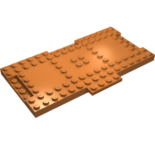 Copper LEGO 18922 modified 8x16x2/3 brick with 1x4 indentations and studs, isolated on white.