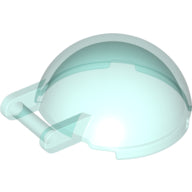 Trans-light blue LEGO 18990 windscreen canopy, 4x4x1 2/3 half sphere with a bar handle.