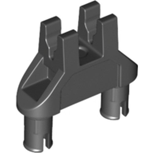 Dark grey LEGO Technic Pin Double Triangle 1 x 3 with 2 Clips and 2 Pins, an angled connecting part.
