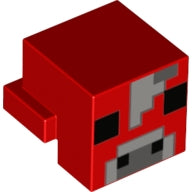 Red LEGO pixelated Minecraft Mooshroom creature head with black eyes, light bluish gray and dark bluish gray nose details.