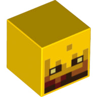 LEGO 19729pb007 Minecraft Blaze minifigure head, a golden cube with pixelated fire and black eyes pattern.