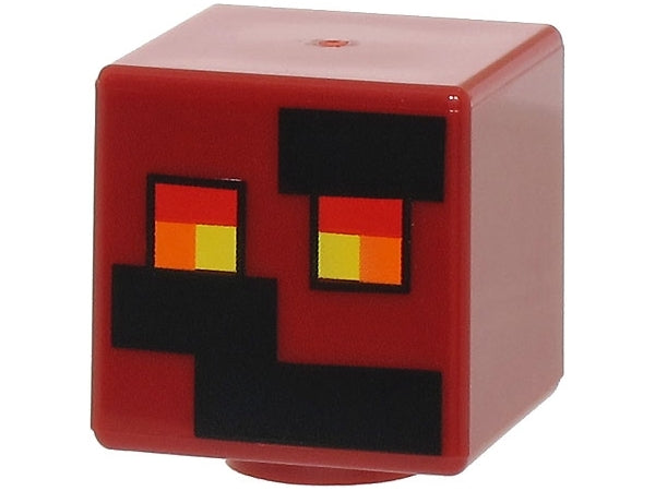 LEGO 19729pb020 - Minifiguurhoofd, Aangepaste Kubus met Pixelachtige Zwarte Rechthoeken en Rode, Oranje en Gele Ogen Patroon (Minecraft Magma Kubus)