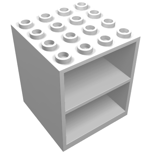 White LEGO Homemaker Cupboard brick, 4x4x4, with 16 studs on top and two open shelves on the front.