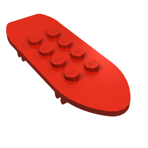 Red LEGO Fabuland skateboard part (2146) with 8 studs, angled view showing side ridges.