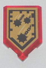 Red translucent LEGO 2x3 pentagonal shield tile with gold and black 'Mace Rain' Nexo Power pattern featuring three spiked maces on chains.