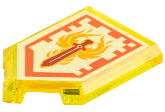 Translucent yellow LEGO pentagonal tile with white, orange, and red Nexo Power Phoenix Blaze shield pattern: a sword in flames.