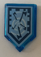 LEGO Nexo Knights 22385pb043 tile, translucent blue 2x3 pentagonal, with Whirlwind shield pattern.