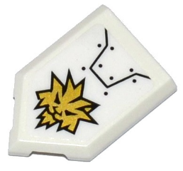 White LEGO 2x3 pentagonal tile with gold lion head explosion pattern and black armor plate details.