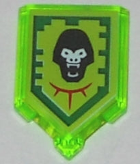 Translucent lime green LEGO pentagonal tile with Gorilla Roar Nexo Power shield: black gorilla head, white teeth, red collar.