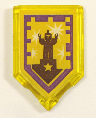 Transparent yellow LEGO 2x3 pentagonal tile with a purple bordered Nexo Power Shield pattern featuring a dark brown armored figure on a star podium with starbursts.