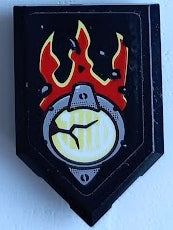 Black LEGO 2x3 pentagonal tile with bright light yellow and red flames above a grey, cracked headlight pattern.