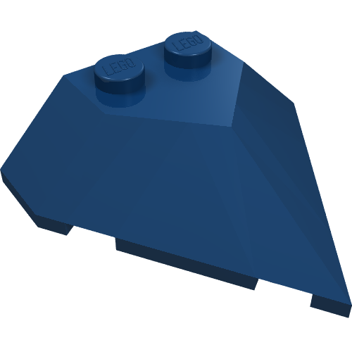 A dark blue LEGO Wedge 4 x 4 Pointed brick, featuring two studs with 'LEGO' embossed, is shown from an angled perspective.